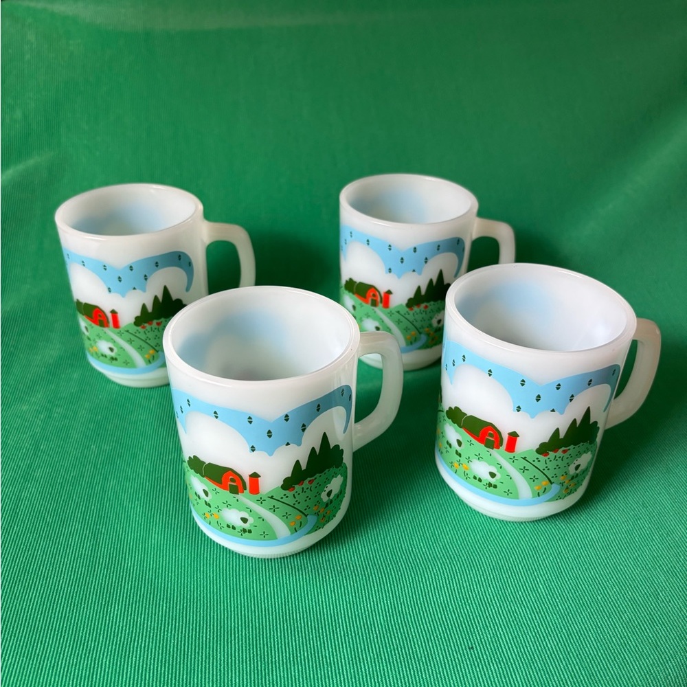 Vintage set of 2 Anchor Hocking Milk Glass coffee Mug Farm Scene Signed Muz Nina